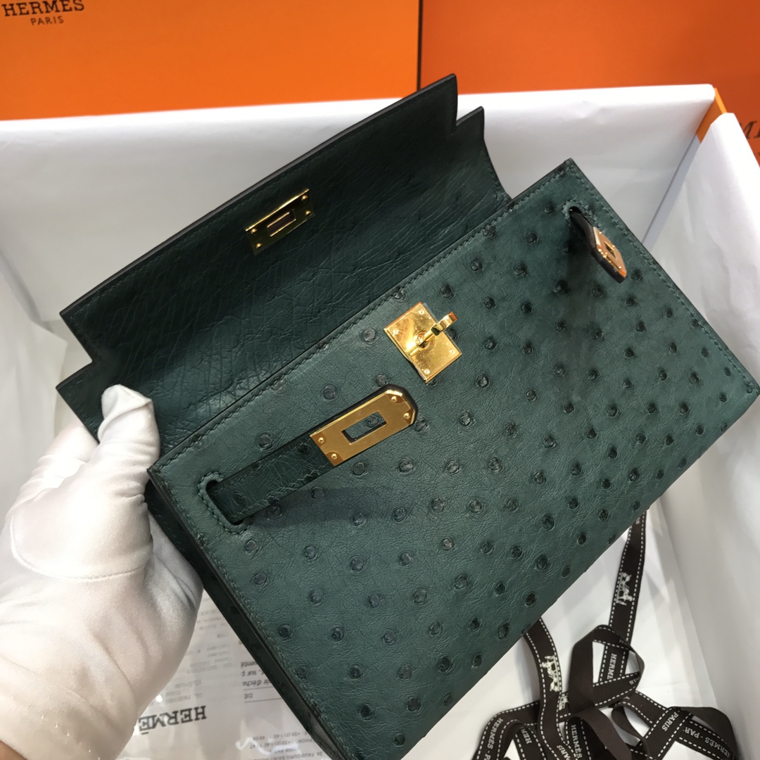 Hermes Mini Kelly Pochette 22cm Bag In Deep Green Ostrich Leather